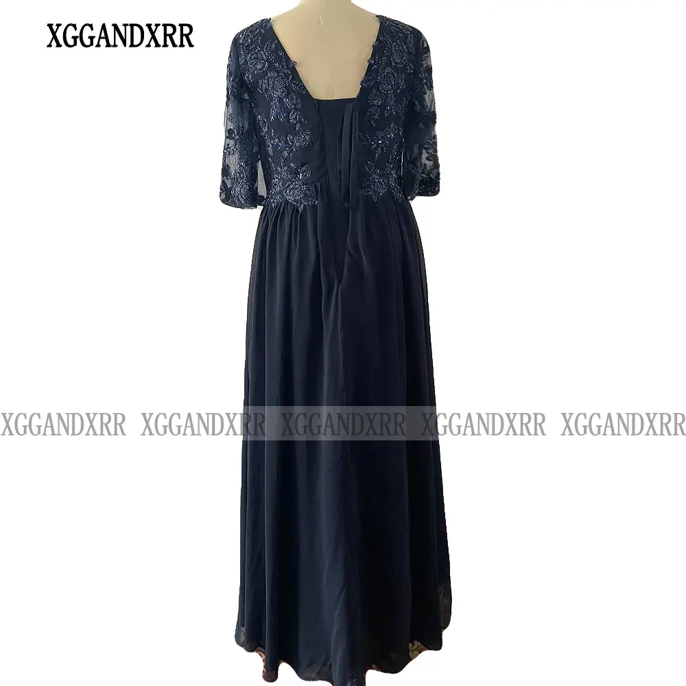 Elegant V Neck Mother of Bride Dress Navy Blue Chiffon Evening Dress Women for Wedding Party Half Sleeves Beading Lace Applique