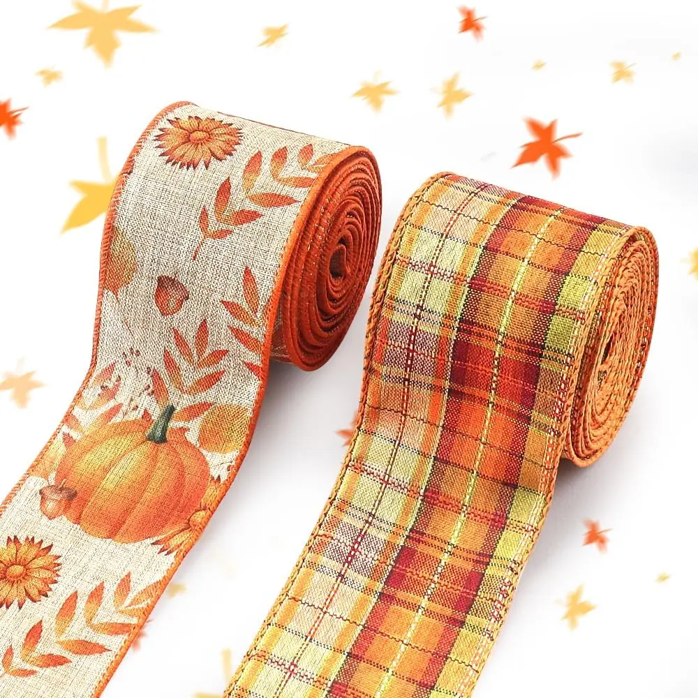 2 Rolls 10 Yards Fall Wired Edge Ribbons 2.5inch Orange Plaid Burlap ...