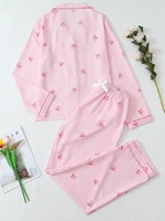 Ensemble pyjama imprimé nœud rayé rose et blanc pour femme, chemise boutonnée à manches longues et pantalon long, pyjama d'hiver pour la maison, décontracté 2