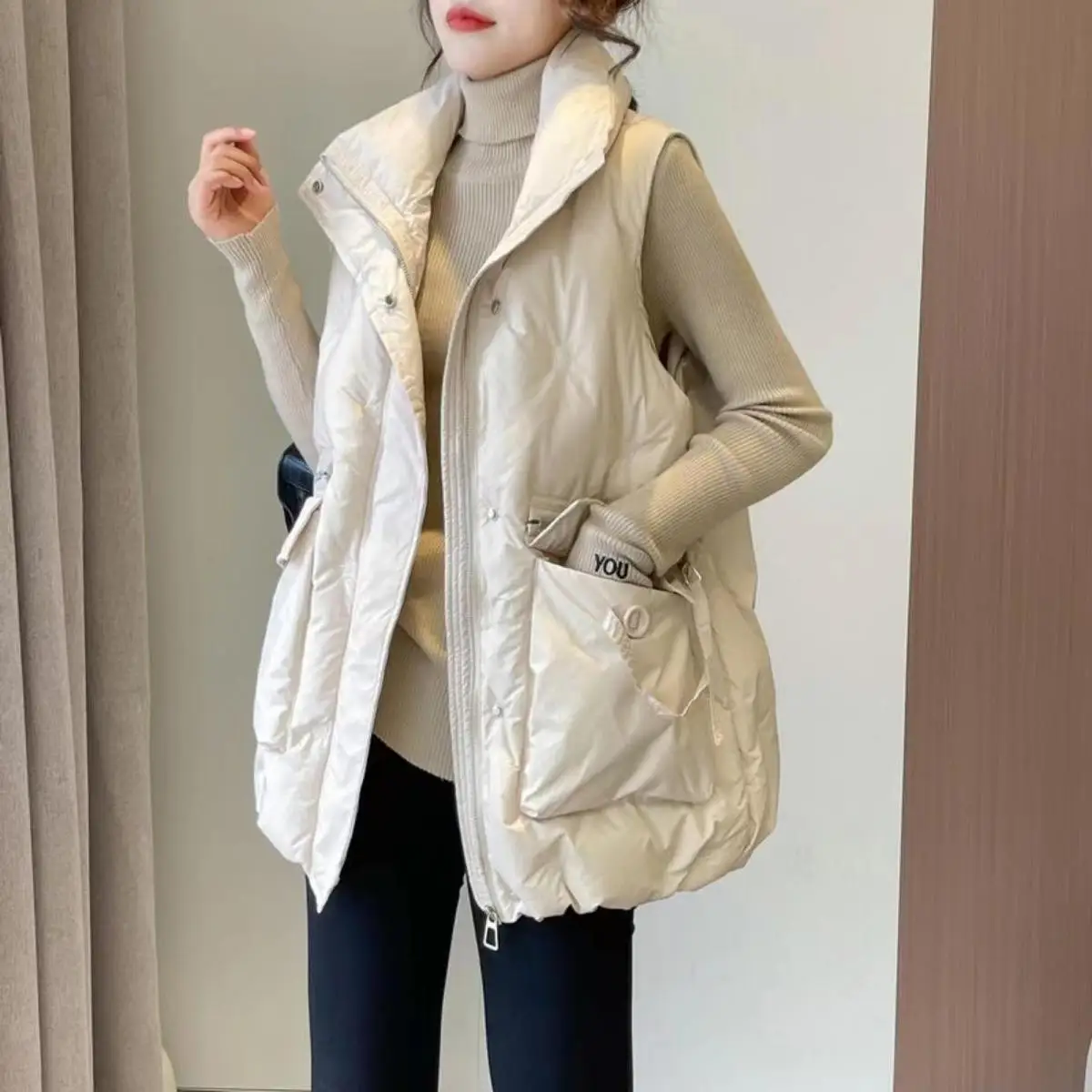 

2023 Women Autumn Winter New Loose Pocket Vest Coats Female Cotton-padded Waistcoat Ladies Stand Collar Sleeveless Jackets E257