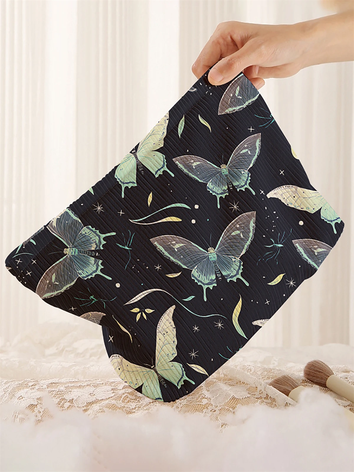 1 butterfly patterned corduroy makeup bag, lightweight zipper makeup storage box, multifunctional bag with lining