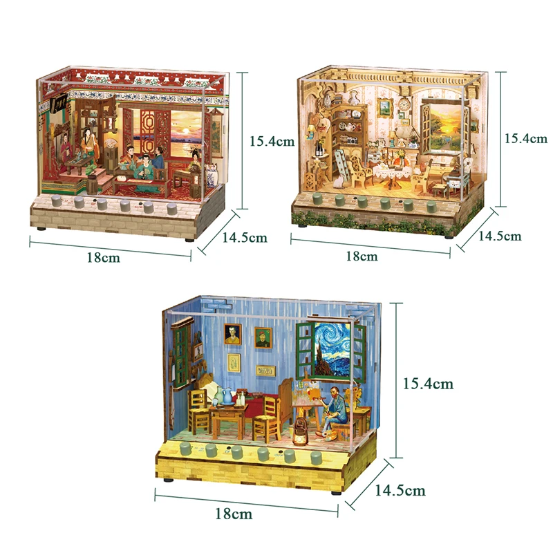 DIY Wooden Doll Houses Van Gogh's Bedroom Casa Miniature Building Kits with Furniture USB Power Dollhouse for Adults Gifts 6