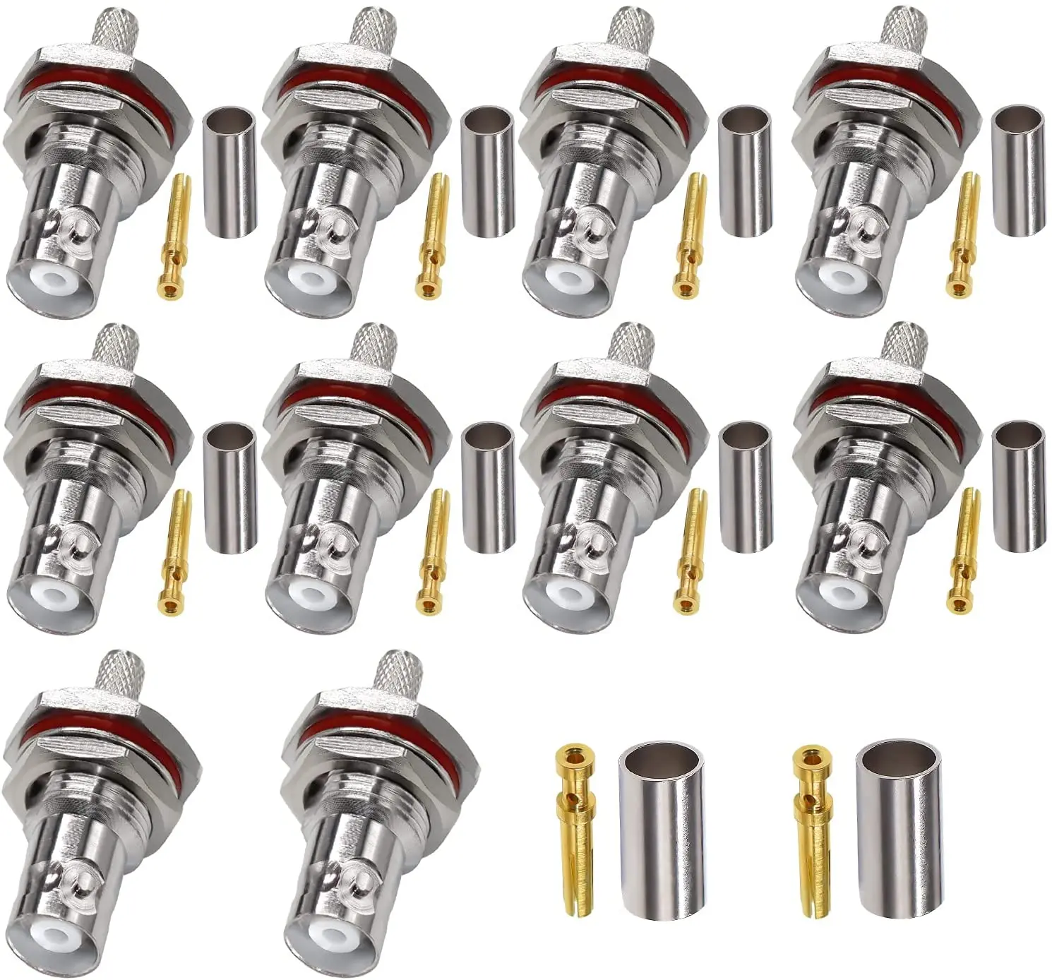 Connecteur BNC Femelle à Sertir étanche - Lot De 10, Pour Câble Coaxial RG58/RG142 - Nickelé, 50 Ohms