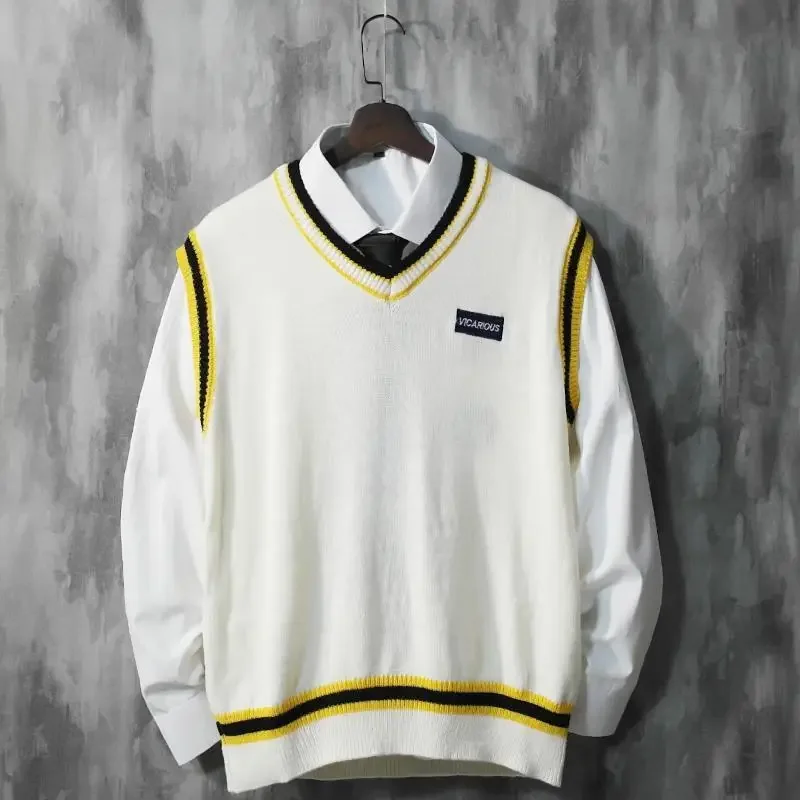 Description Picture 5 of itemBlack V Neck Waistcoat Vest Knit Sweater Male Red Men's Clothing Sleeveless Tops Designer Luxury Knitwears Pull Oversize Street