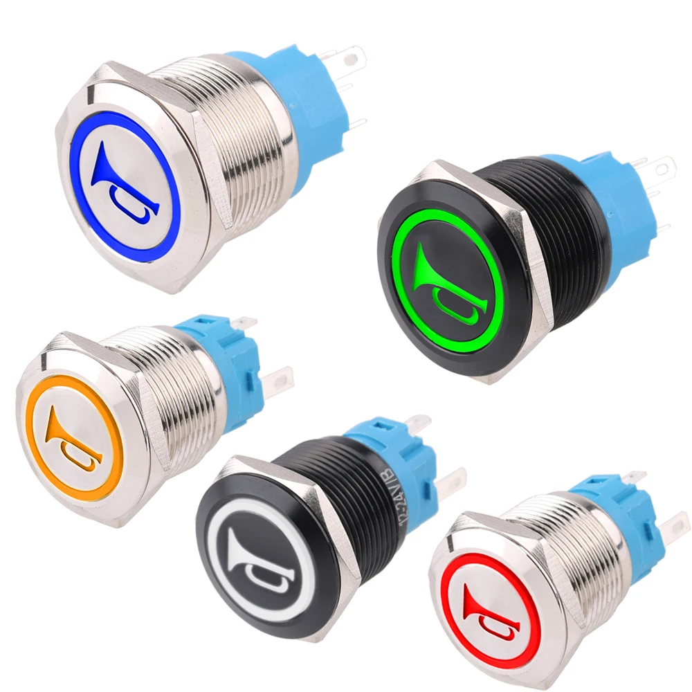 16/19/22mm Ring Lamp LED 3V6V12V24V220V icon Latching/Momentary horn trumpet Metal Push Button Switch Reset Boat Car Boat Symbol