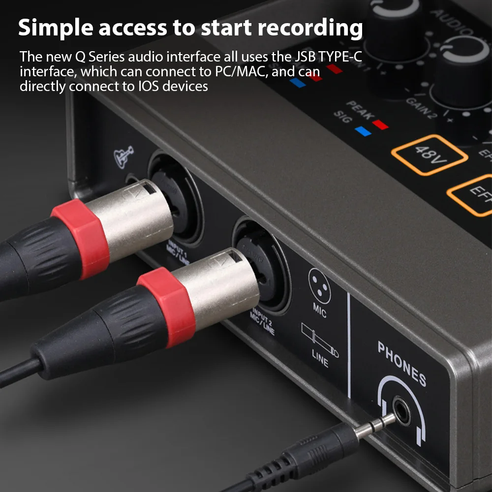 

Audio Interface Professional Recording XLR Audio Interface DSP Reverb 48V Phantom Power Sound Card 16bit/48kHz Resolution