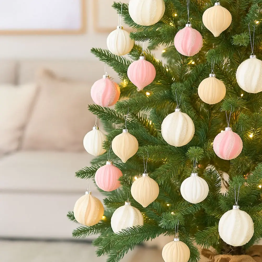 12pcs 6cm Christmas Hanging Balls Irregular Macaron Xmas Velvet Balls Plastic Flocking Shatterproof Christmas Tree Ornaments
