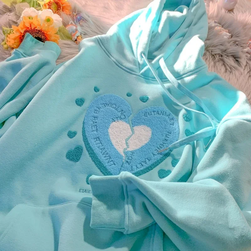 

Cute Love Heart Embroidery Pink Tops Hoodies Winter Pullover Women 2024 New Streetwear Harajuku Teens Clothes Ins Korean Fashion