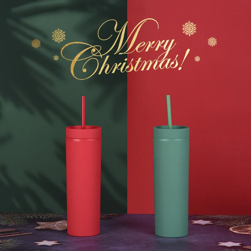 

450ML Matte Tumbler Acrylic Straight Straw Cup Plastic Pastel Cup with Straw Lid Double Layer Sealed Water Bottle Christmas Gift