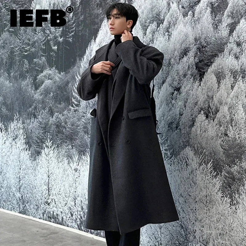 

IEFB Male Woolen Windbreaker Korean Style Thickened Lapel Knee Length Solid Color Men's Outerwear Casual Spring New Tide 9C4897