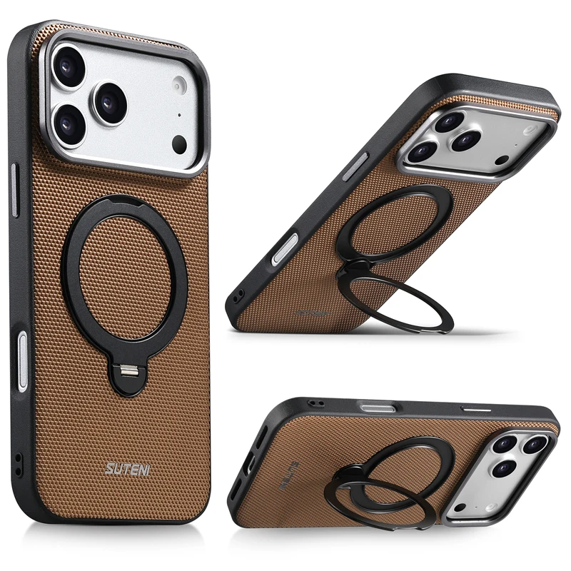 Luxury Business Triangle Texture Leather Phone Case with 360° Rotating Metal Ring Stand