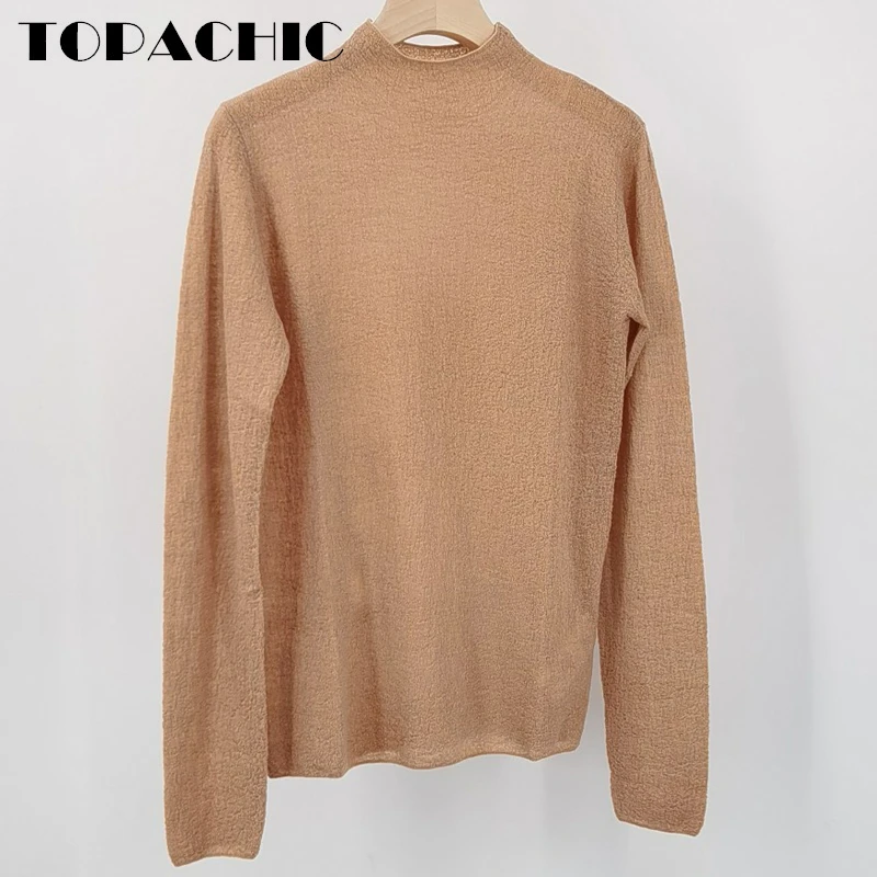 

11.28 TOPACHIC Women's Wool Knitted Tee Mock Neck Embroidery Classic Solid Color Knitwear T-Shirt