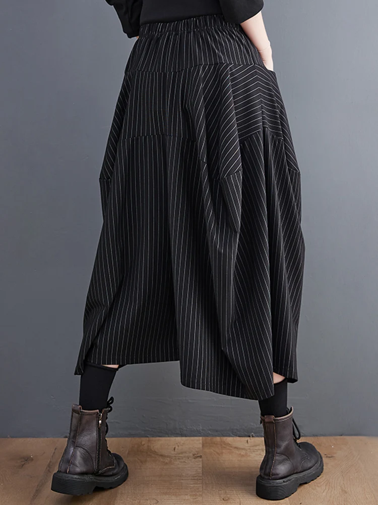 Black High Elastic Waist  Striped Plus Size Wide Leg Pants Women Pocket Loose Casual Fashion Ladies Trousers Spring Autumn 2025