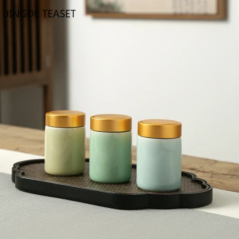 Tea Tin Box Tea Canister Airtight Container Creative Celadon Small Tea Caddy Portable Sealed Storage Tank Travel Tea Boxes Ceramic Coffee Canister Kitchen Spice Candy Jar