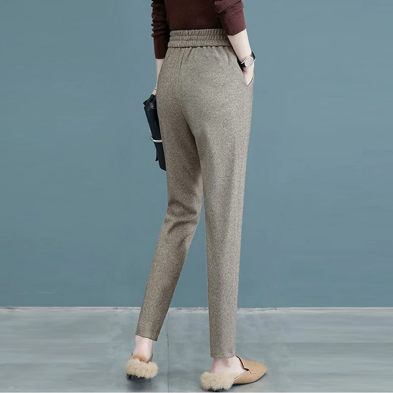 Women Woolden Blend Harem Pants Korean Fashion High Waist Autumn Winter Vinatge Trousers All-Match Plus Velvet Casual Pantalones