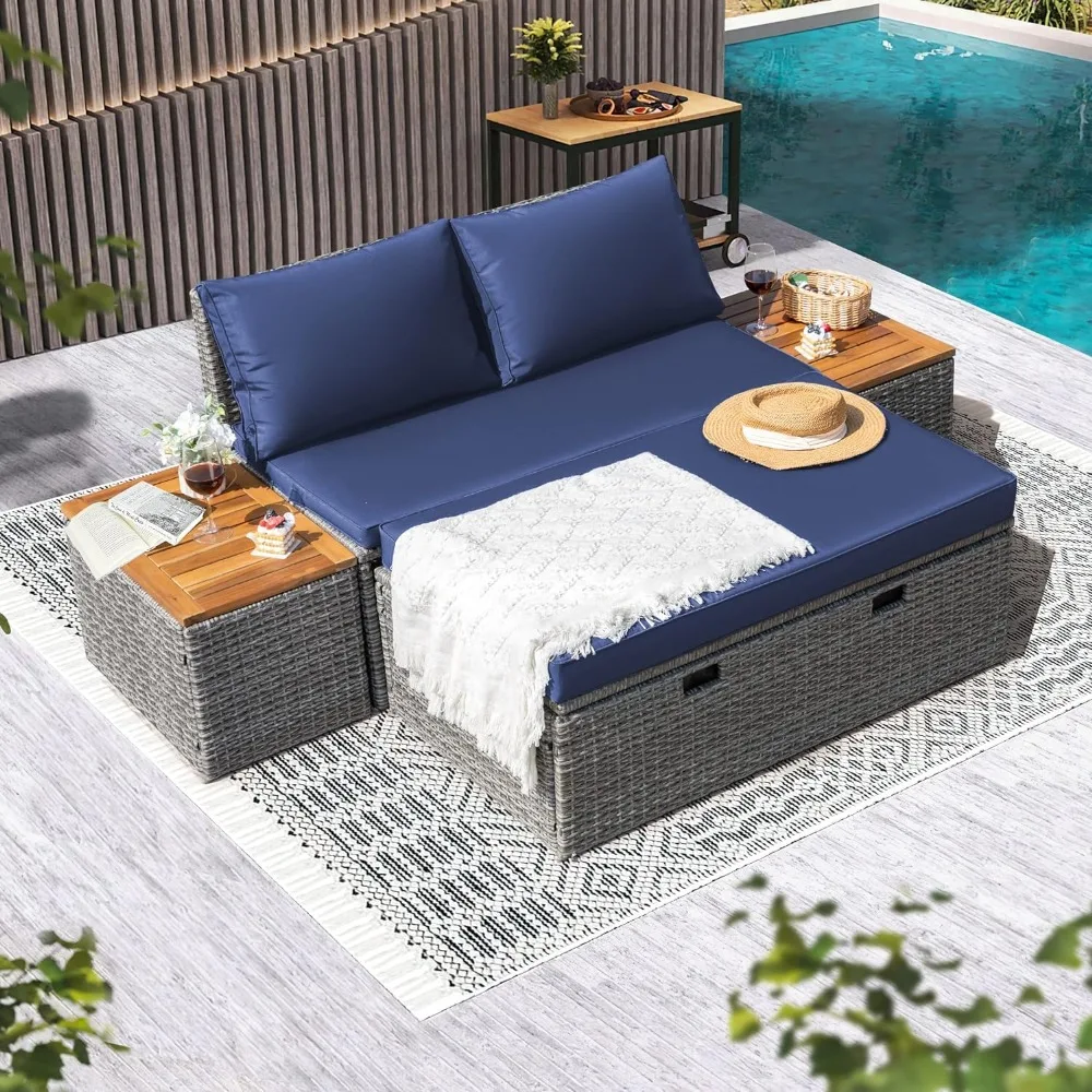 Patio Day Bed Outdoor Set – Multifunctional Rattan Lounge with 2 Side Tables – 56% OFF