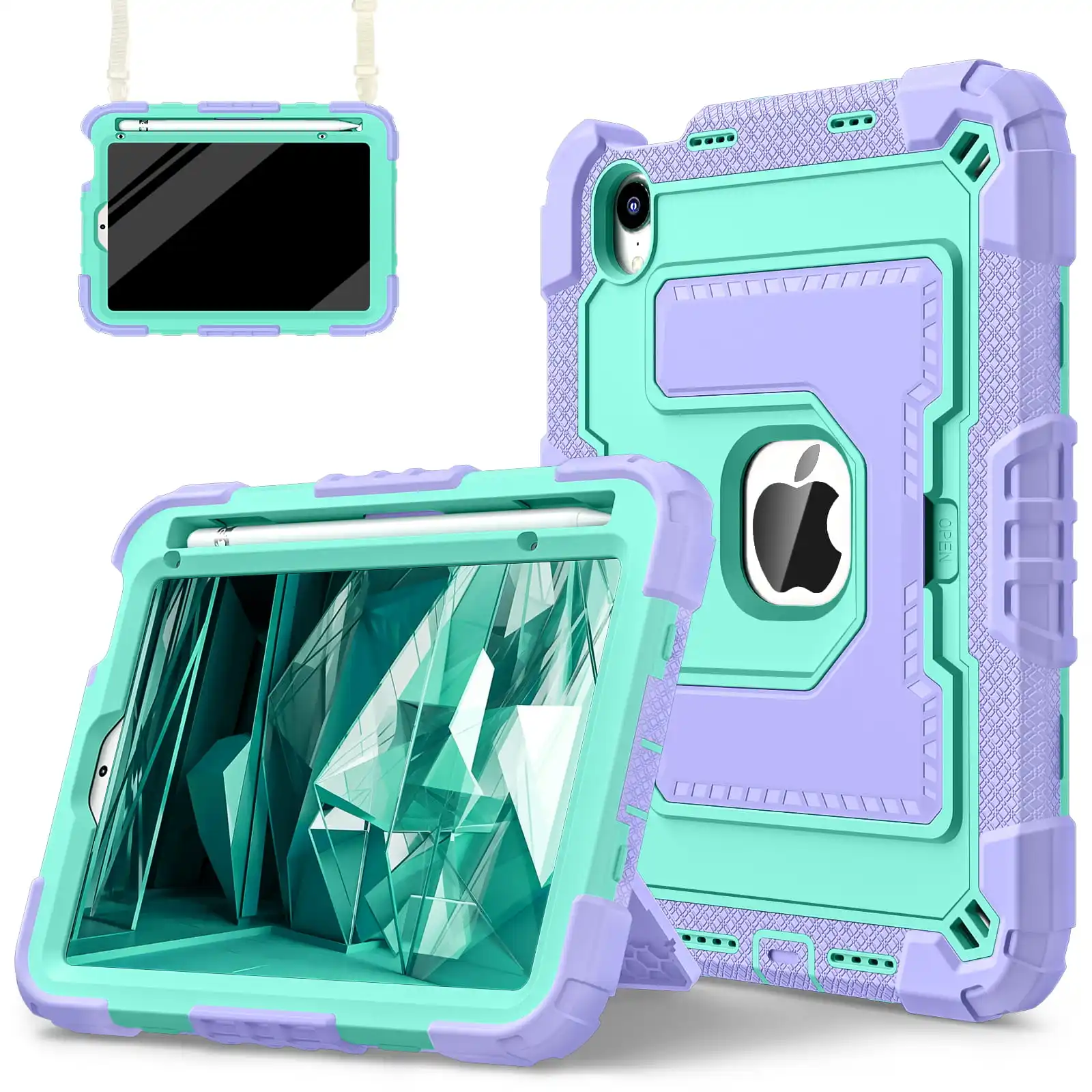 Shockproof iPad Mini Case with Handle Stand and Pen Tray - Non-toxic Soft Silicone Protective Cover with Shoulder Straps