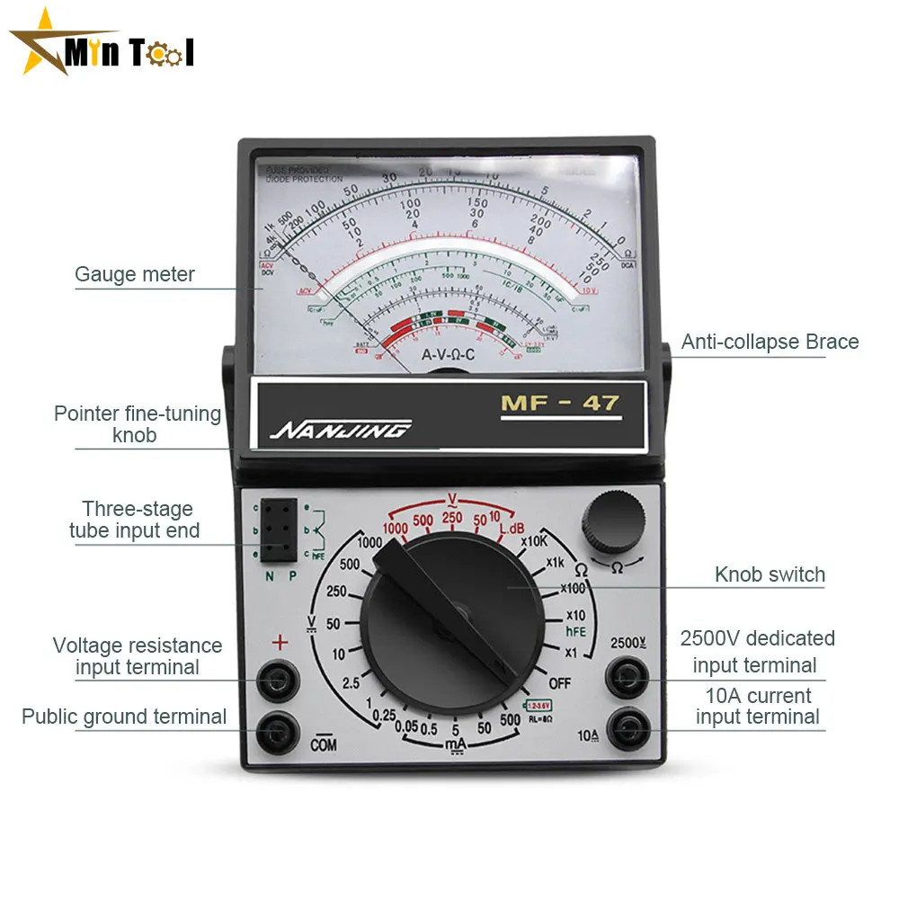 

MF47 Multimeter DC/AC Voltage DC Current 10A Tester Resistance Capacitance Meter Analog Display Pointer Meter Electrical Tool