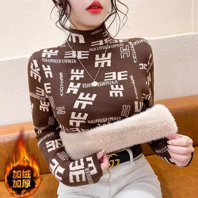 

Women Clothing Fashion Half Turtleneck Pullover Autumn Winter Letter Long Sleeve Sweater Office Lady Comfortable Thicken Top