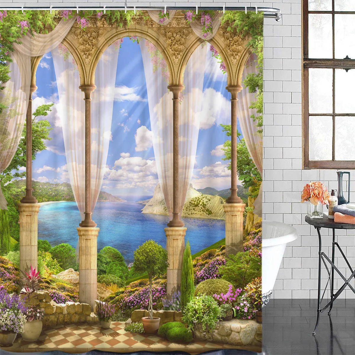 

European Balcony Garden Flower Waterproof Bathroom Decoration Shower Curtain With Hook Bathtub Curtains Bathroom Accessories