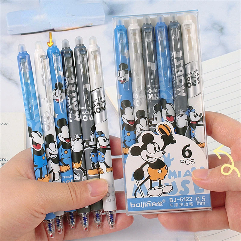 6pcs 디즈니 미키 지울 수있는 젤 펜 애니메이션 0.5mm 검정 잉크 볼펜 학생 프레스 펜 학교 문구 사무용품