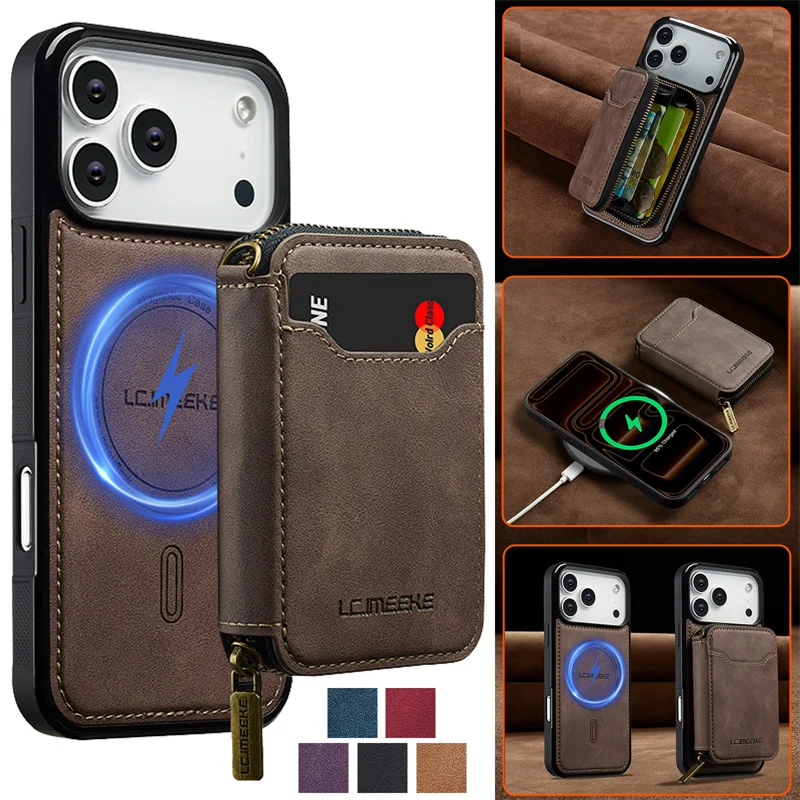Magnetic Dual-Function Leather Wallet Phone Case with Zipper Card Holder
