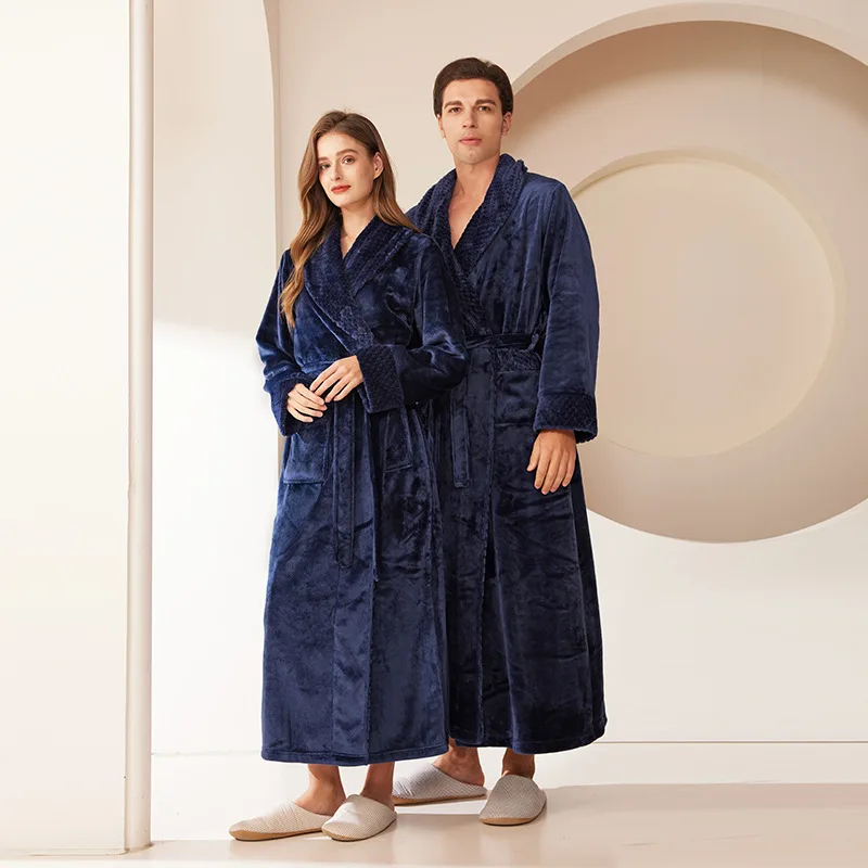 Winter Warm Flannel Couple Nightgown Women's Long Coral Fleece Bathrobe Pajamas Bathrobe for Boys and Girls Same Style