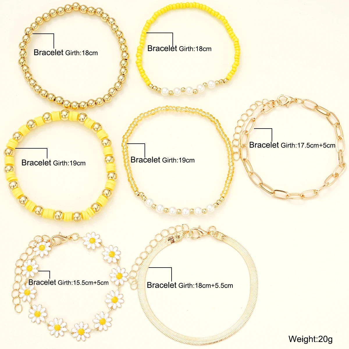 7 Pcs Yellow Daisy Flower Chain Bracelet Set Vintage Gold Color Pendant Beaded Bracelets Bohemian Delicate Handcrafted Jewelry
