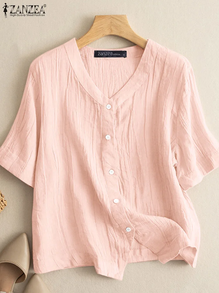 

Модная Праздничная блузка ZANZEA, Летняя туника с коротким рукавом и V-образным вырезом, топы, Женская Повседневная Свободная рубашка, женские элегантные однотонные Блузы для женщин