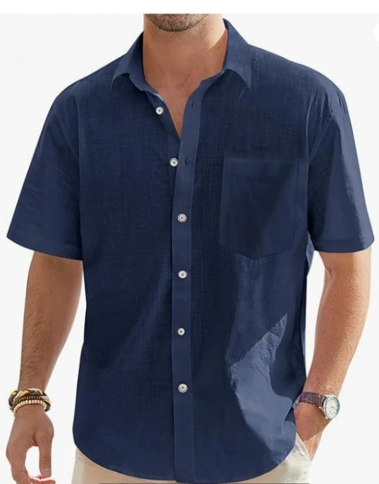 Men Summer European American Fashion Classic Comfortable Breathable Cotton Hemp Solid Color Short Sleeved Shirt