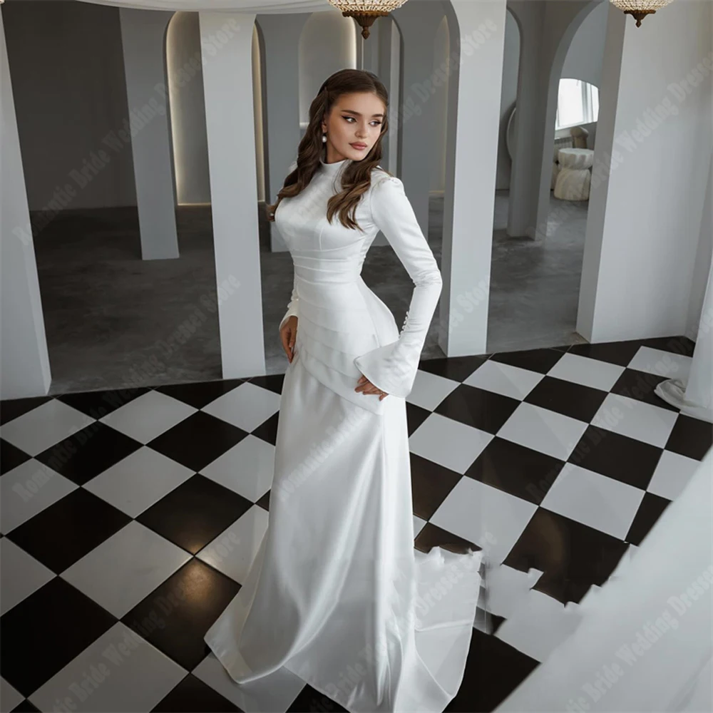 Bohemia High-Neck Wedding Dresses For Women Long Sleeves Satin Bridal Mopping Length Banquet Vestidos De Noivas 2025 Customized 4