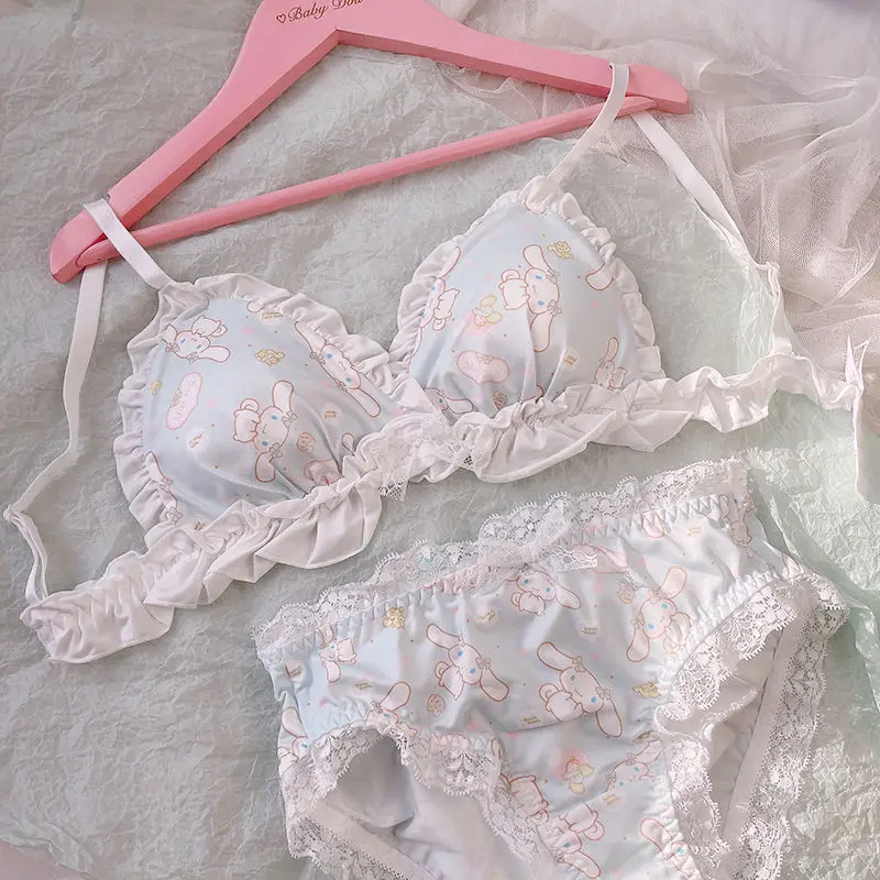 Japanese Student Girl's Underwear Set Cotton Bow Lace Wireless Bras Thongs Lace Lingerie Set Women Push Up Bra and Panty