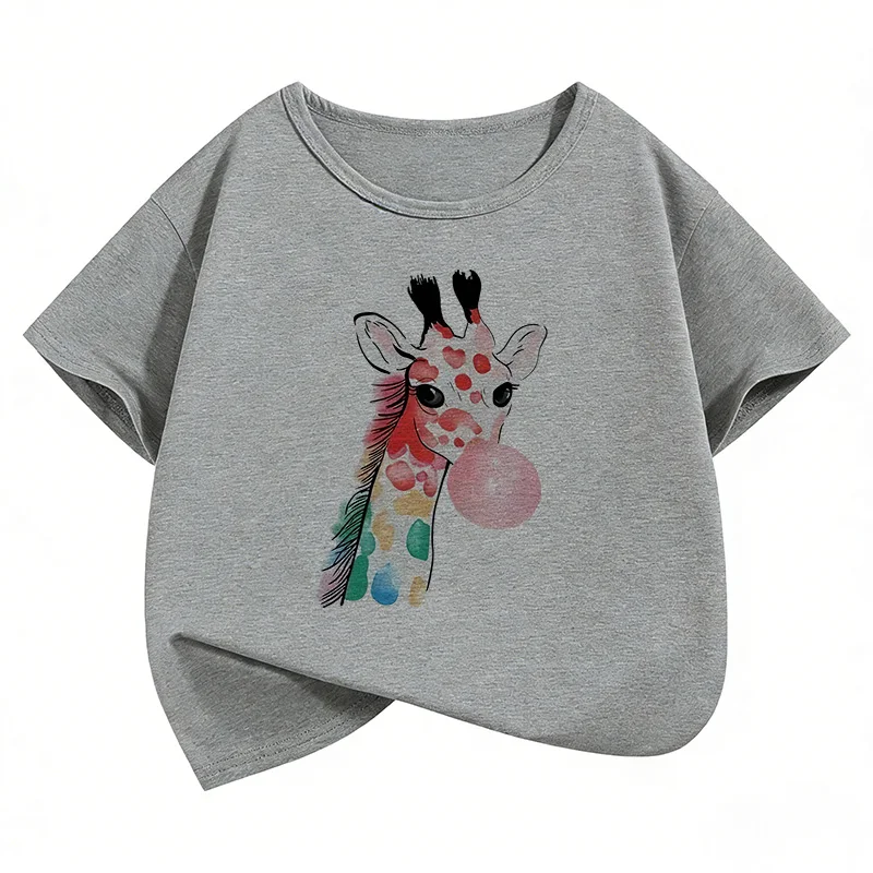 Y2k Giraffe with Gum Printed Short Sleeve T Shirts Animal Kids Children's T-shirt Boys Girls Summer Spring Casual Top Tee Shirt 4