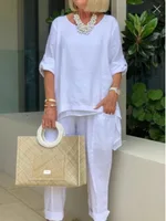 Casual Bleu Femmes Set Printemps Été Mode À Manches Longues O-Neck Loose Suit Femelle Vintage Poche Top Long Pants 2 Pièces Outfit 1