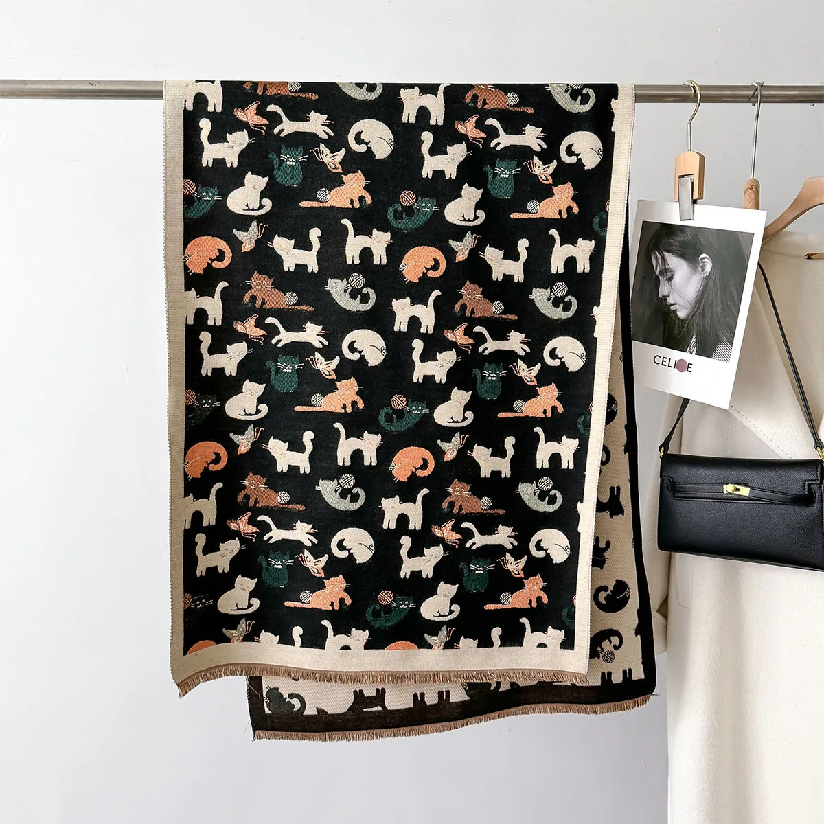 Poncho cálido de lujo de cachemira para mujer, bufanda de invierno con estampado de gato bonito, chal grueso para mujer, pashmina, manta, bufanda de viaje