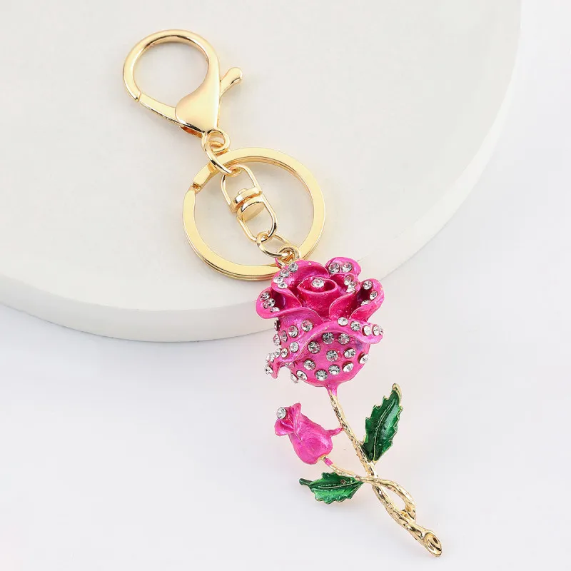 

Korean creative cute zircon roses car key chain handbag accessories flower metal pendant small gift keychain for women wholesale