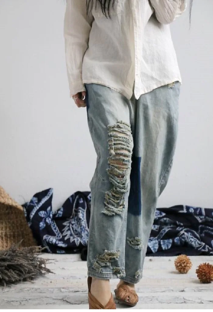 Cotton Denim Vintage Washed Loose Trousers Summer and Autumn Women's Artistic Casual Wide Leg Ripped Jeans
