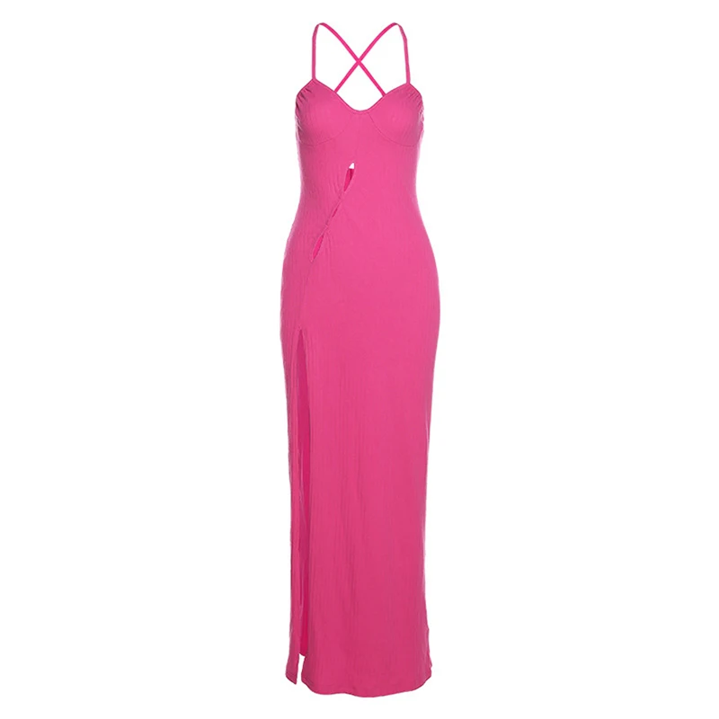 

Women's Suspender Long Dress Solid Color Sleeveless V-neck Hollow Open Back Slim Dress