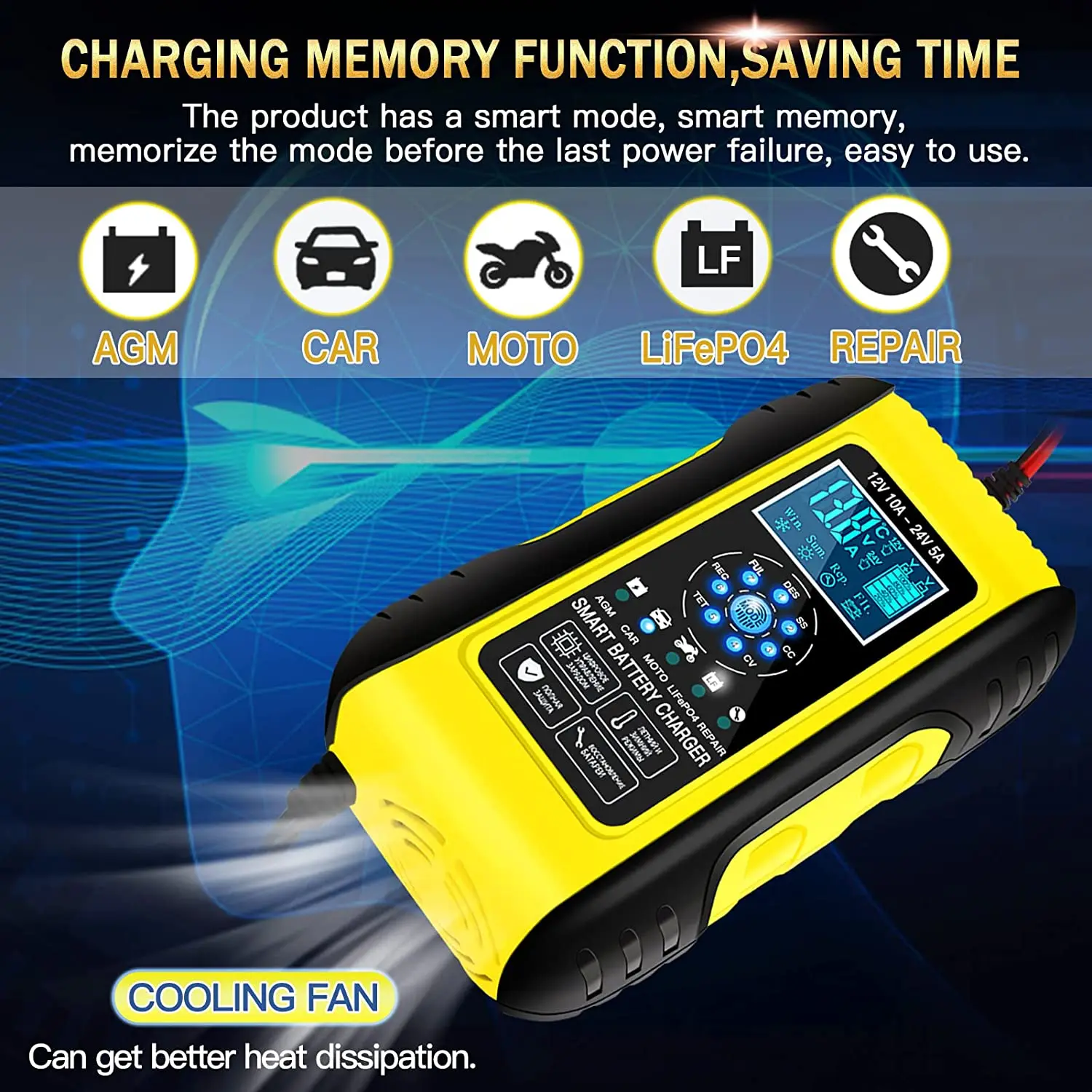 5A 12V Automatic Smart Battery Charger and Maintainer with LCD