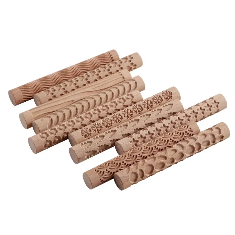 Clay craft tool, Wooden Texture Rolling Pin for Ceramic Pottery Art, Embossed Rod, Flower Pattern, Mud Roll, Reliefs, DIY