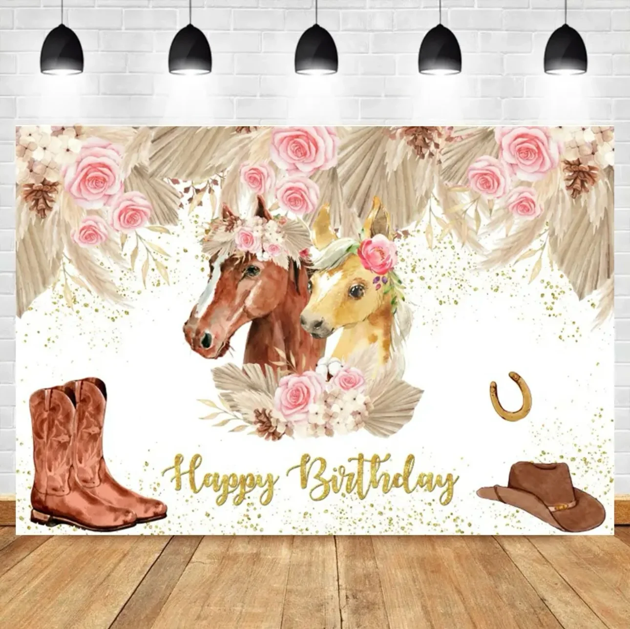 Sfondo Fotografico Per Festa Di Compleanno Ragazza, 180x110 Cm, Tema Cowgirl Occidentale Con Fiori Rosa E Puntini Dorati, Perfetto Per Foto E Decorazione Torta
