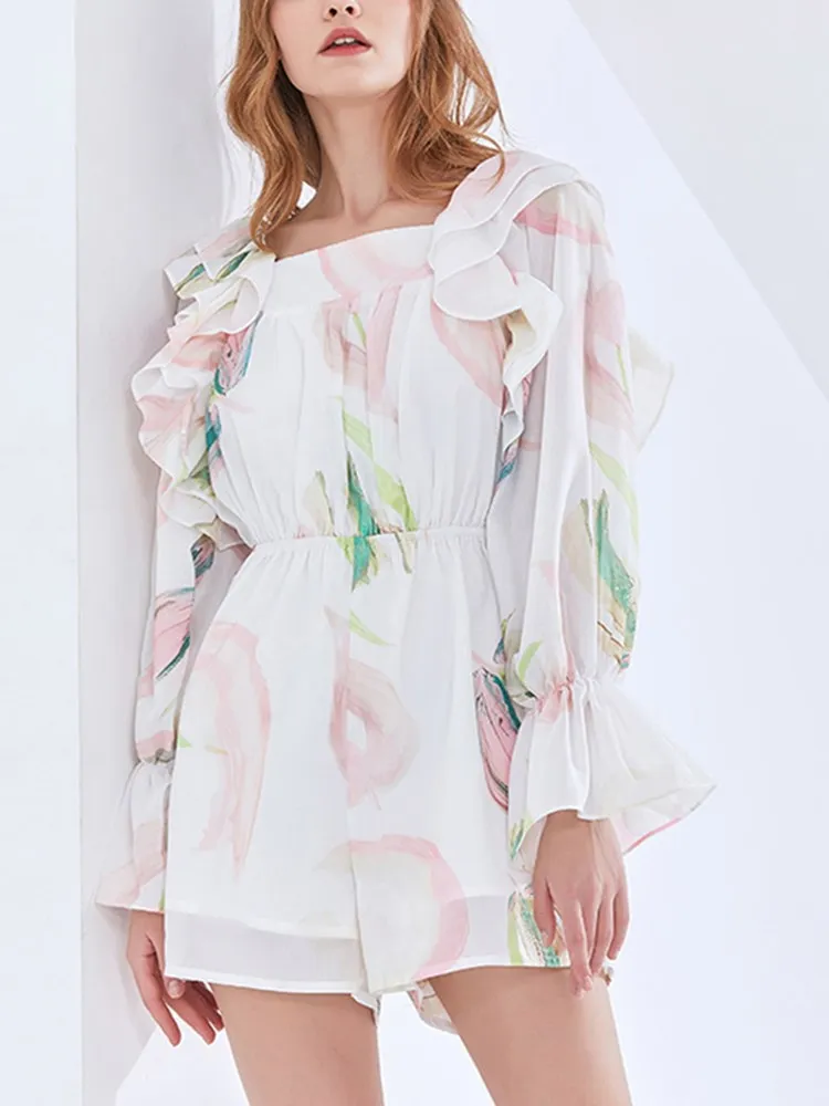 KBQ-Print Spliced Ruffles Playsuits for Women, Square Collar, Long Sleeve, High Waist,Casual Folds,Sheer Playsuits,Female Summer