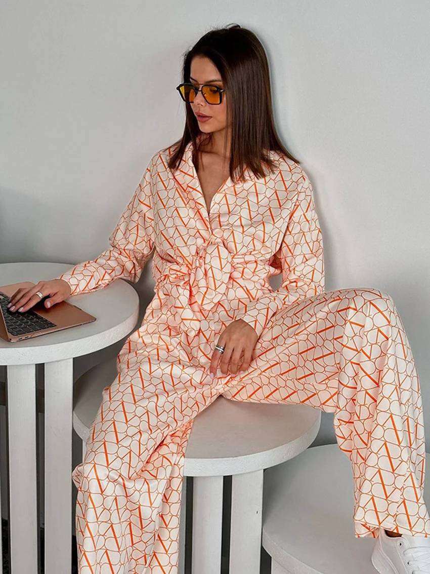 Marthaqiqi Causal Femme Sleepwear Set Turn-Down Collar Nightgowns Lace Up Nightie Long Sleeve Nightwear Pants Ladies Pajama Suit
