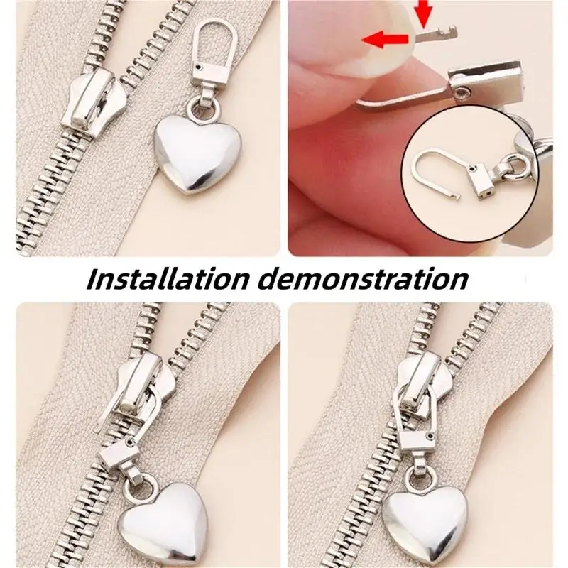 5PCS Heart Shape Metal Zipper Puller Heads Detachable Slider Repair Kit for Bags Backpacks Coats-Sewing Pull Tabs