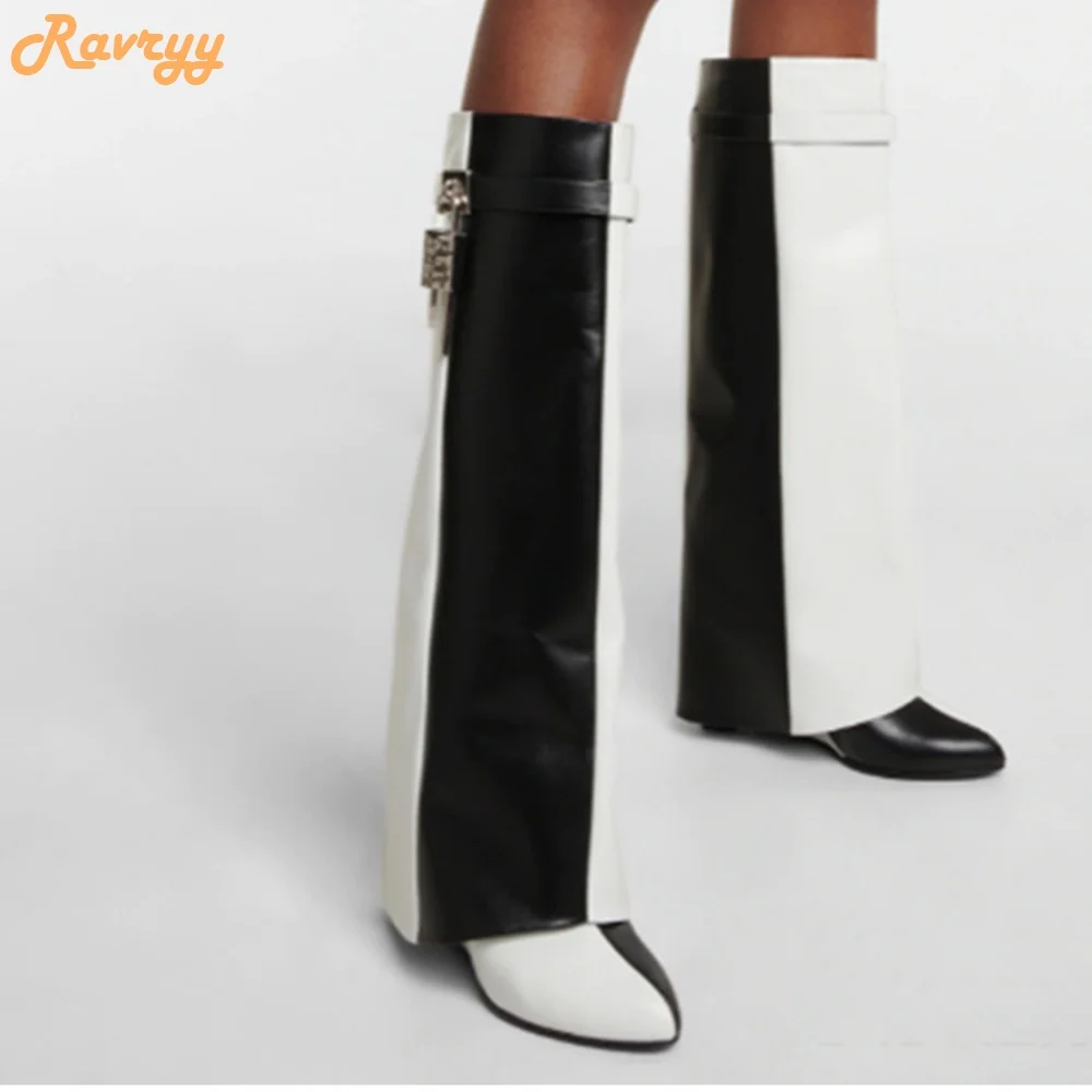 

Black/white Splicing Cowhide Boots Winter Round Toe Wedges Lock Knee High Boots Women 2024 Novelty Fashion Long Boots