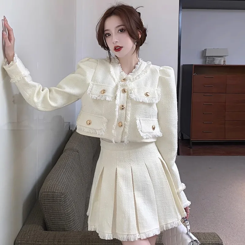 Elegant Tweed Suit 2-piece Skirt Set Autumn Winter New French Style Cropped Jacket Coat Mini Skirt Korean Fashion Female Outfits
