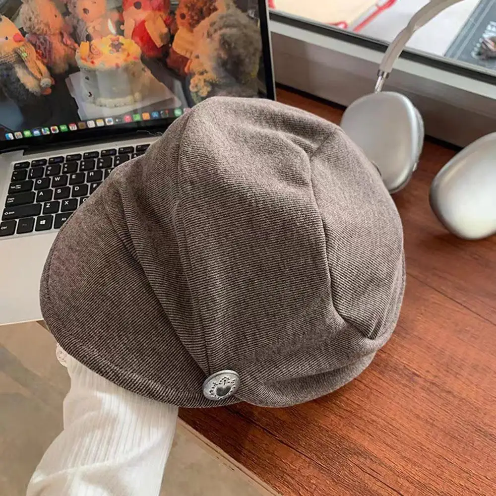 Japanese Style Ruched Button Octagonal Hat Vintage Beret Hat Women Elegant Artist Beret Autumn Winter Casual Brown Peaked Cap
