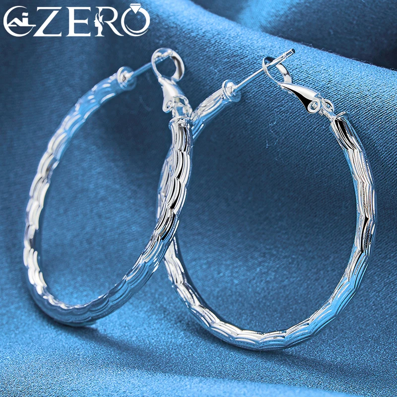 925 Sterling Silver 40mm Wave Stripes Circle Hoop Earrings For Women Wedding Party Popular Jewelry Elegant Fashion Accessories