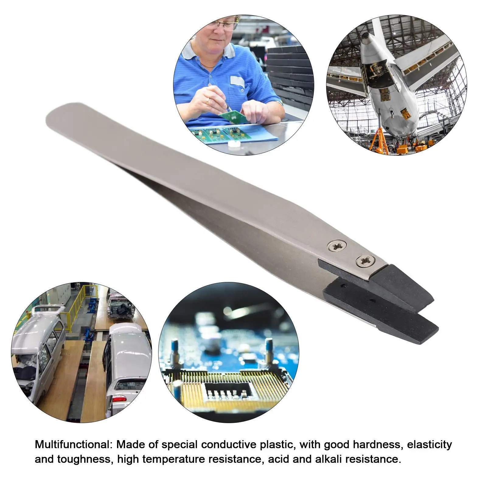 Plastic Tweezers Set-Carbon Tip, Flat Anti-Static Design, Matte Sandblasted Finish, Replacement Heads Included