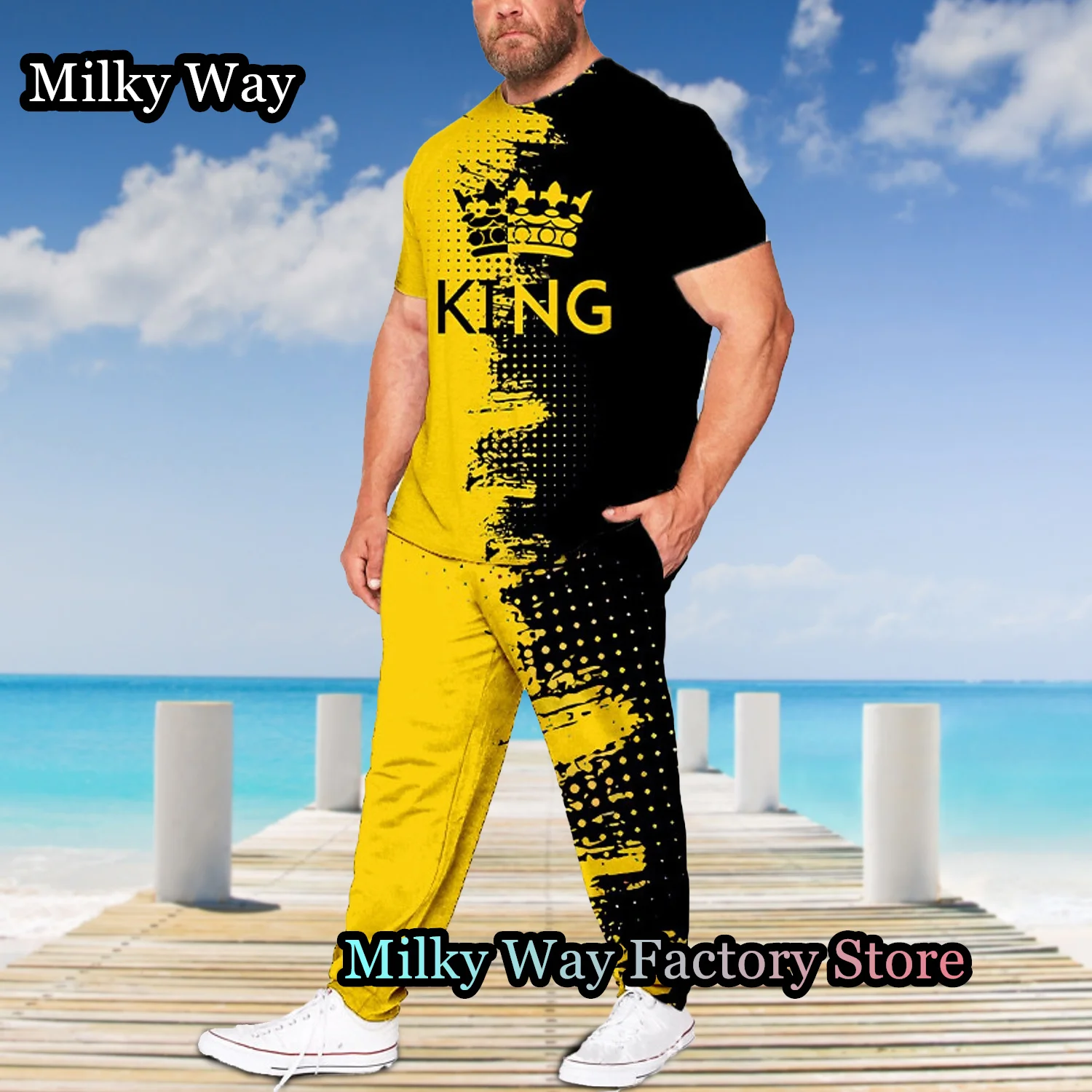 Summer Men Fashion Tracksuit Multicolour King T-Shirt Trousers Set Male Casual Stylish Jogging Suit Clothing Trend Streetwear